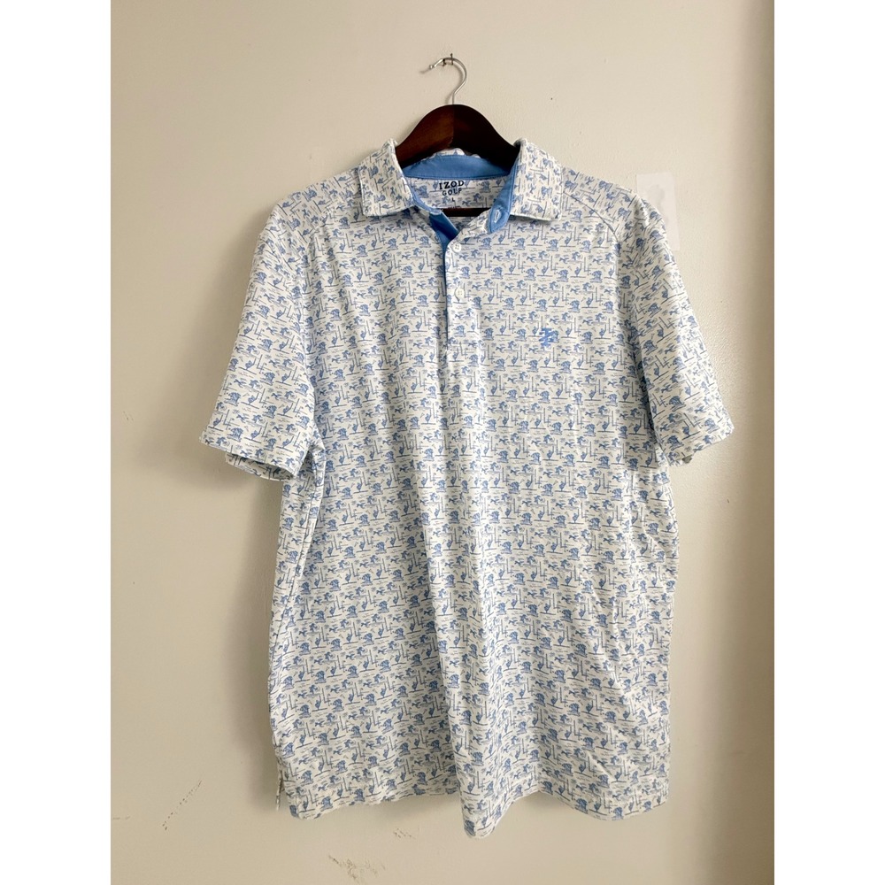IZOD Golf Mens Large Blue White Tropical Golf Print Performance Polo Shirt